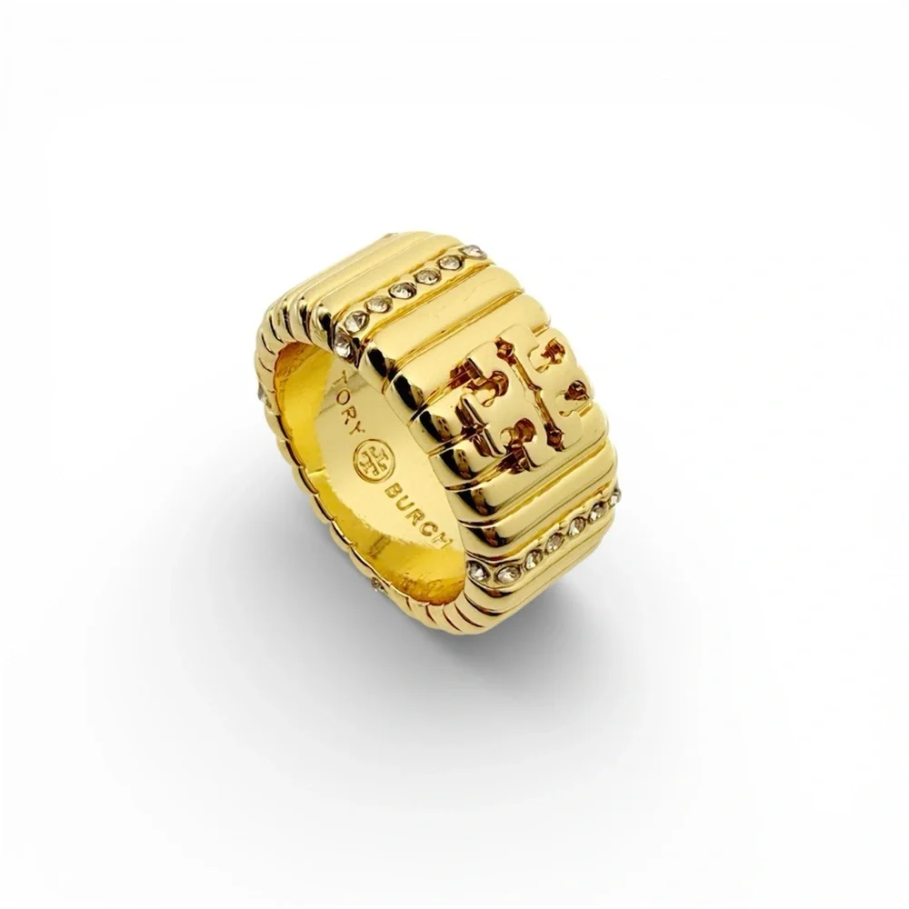 Tory Burch Crystal Textured Pave Logo Band Ring. Size 8